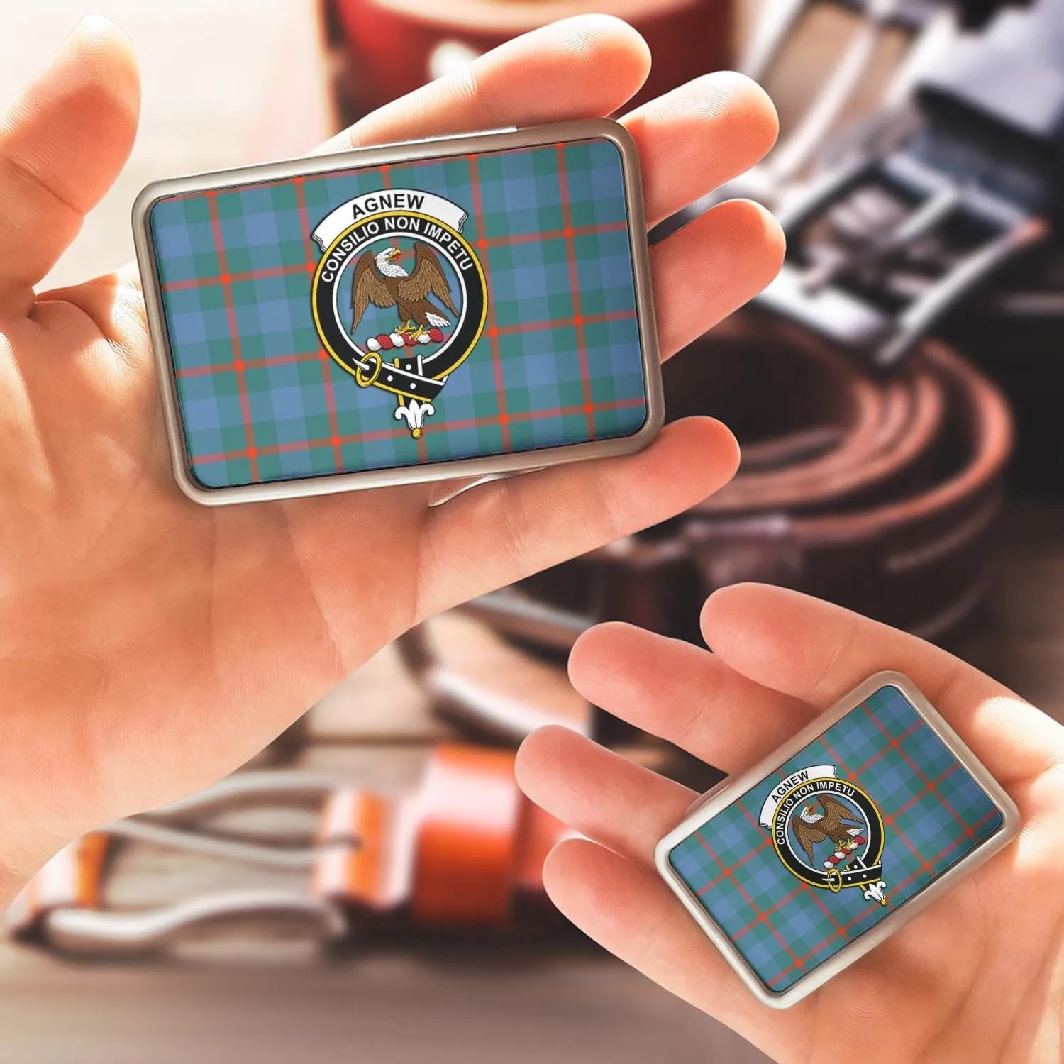 Agnew Ancient Tartan Belt Buckles with Family Crest