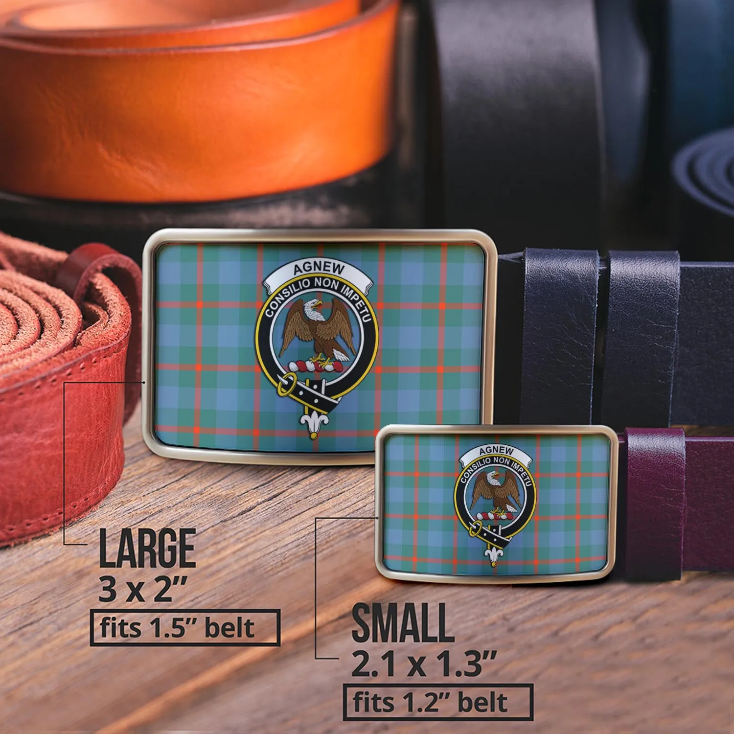 Agnew Ancient Tartan Belt Buckles with Family Crest