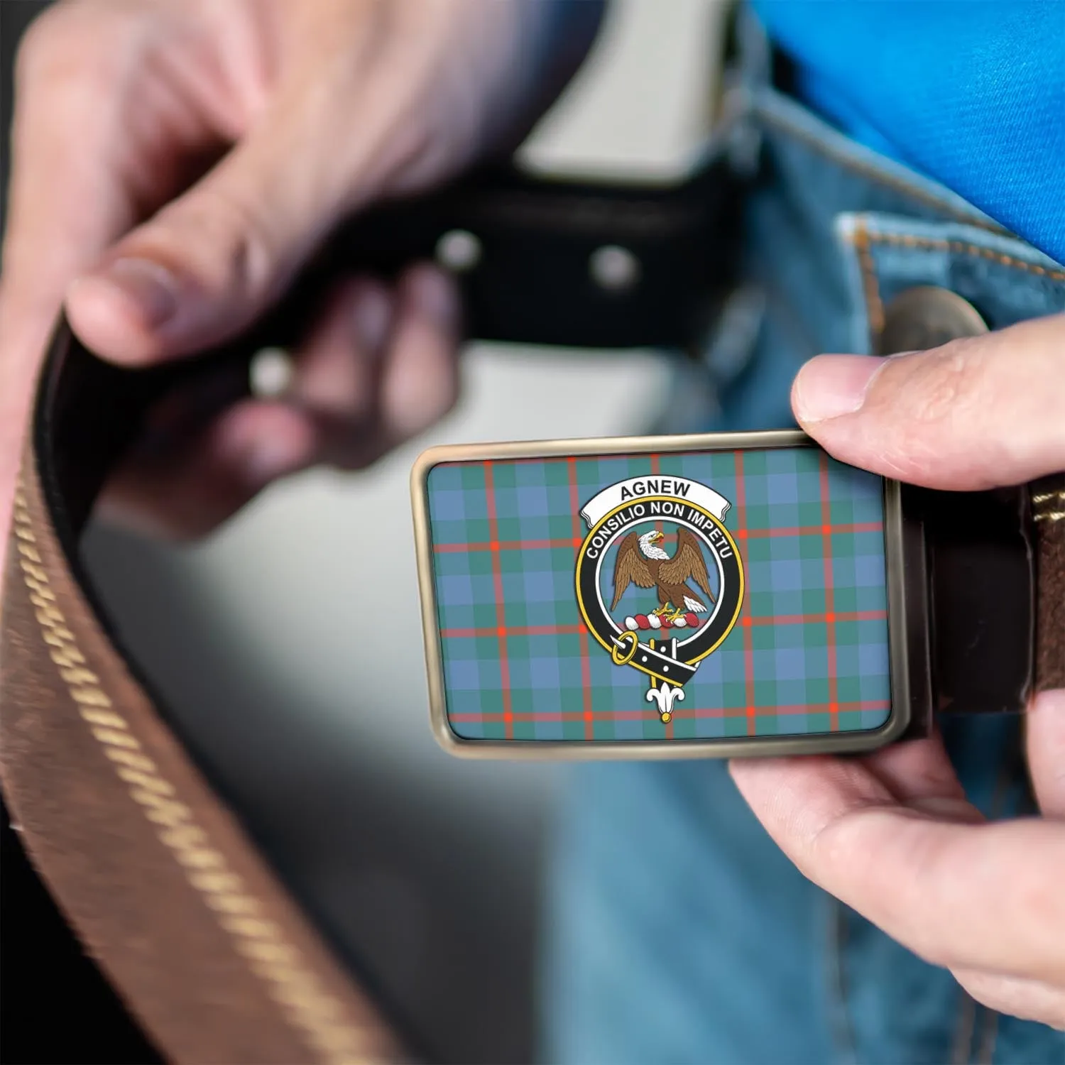 Agnew Ancient Tartan Belt Buckles with Family Crest