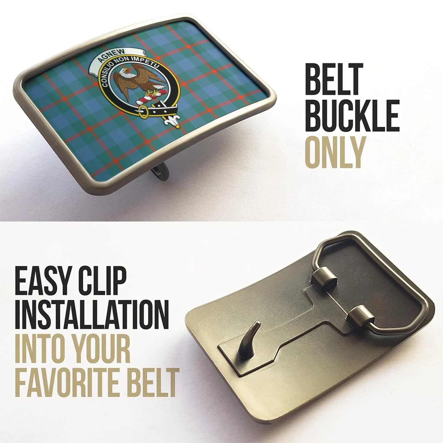 Agnew Ancient Tartan Belt Buckles with Family Crest