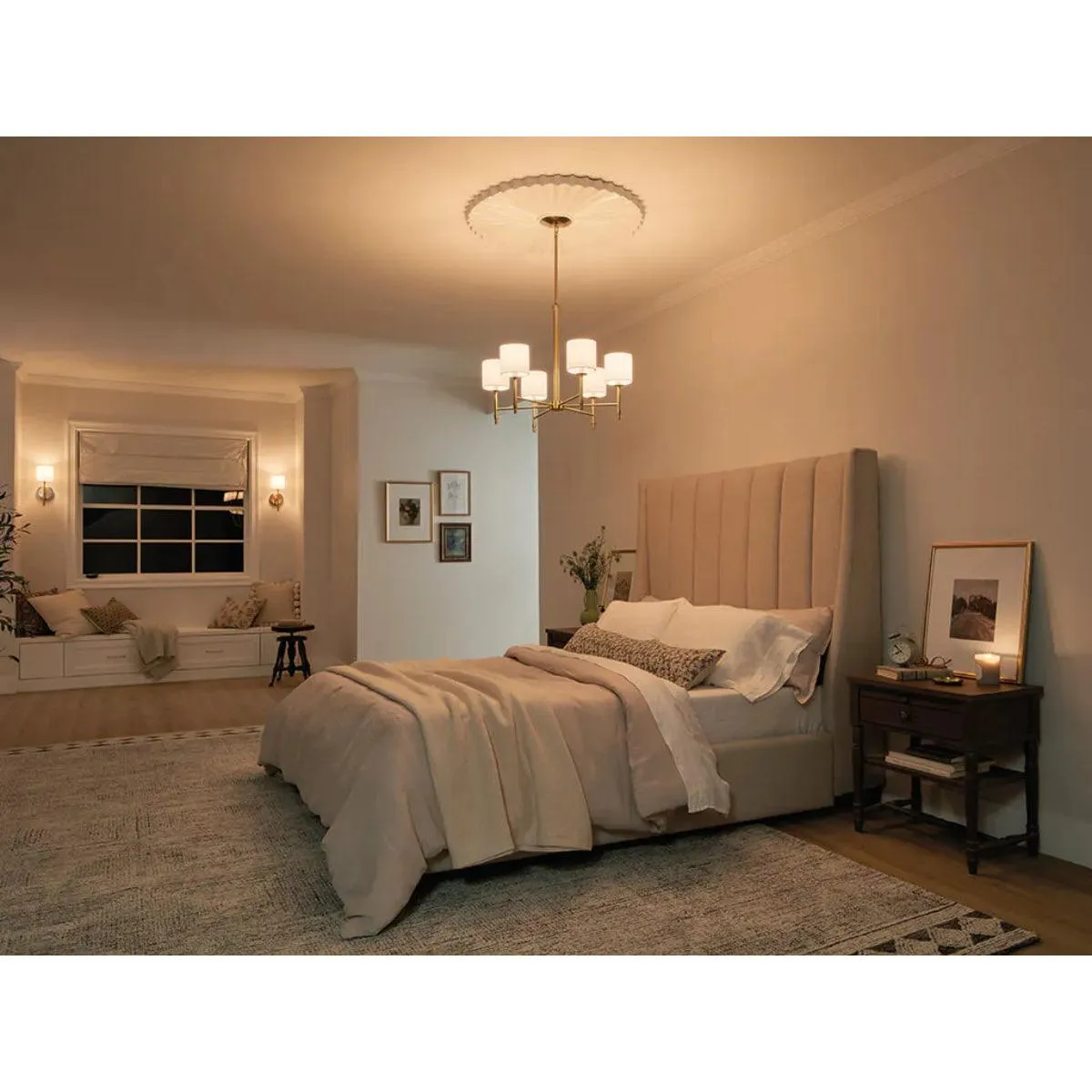 Ali 28" 6-Light Chandelier with Fabric Drum Shade, Brushed Natural Brass Finish