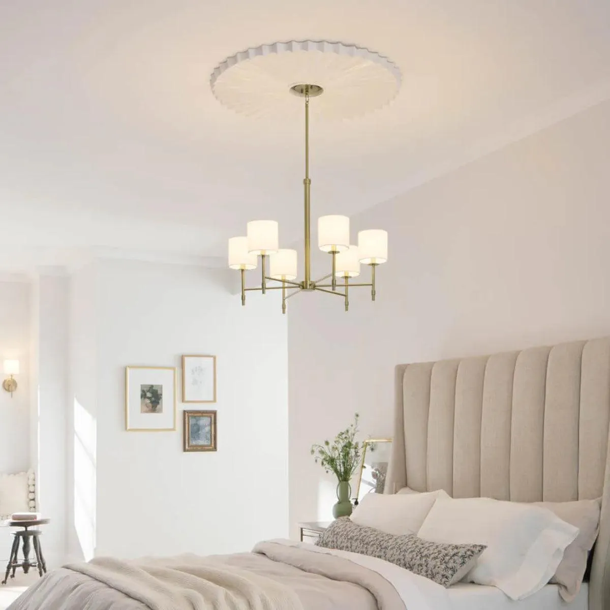 Ali 28" 6-Light Chandelier with Fabric Drum Shade, Brushed Natural Brass Finish
