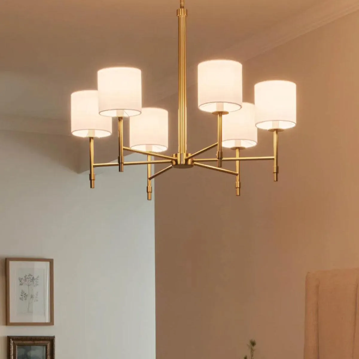 Ali 28" 6-Light Chandelier with Fabric Drum Shade, Brushed Natural Brass Finish