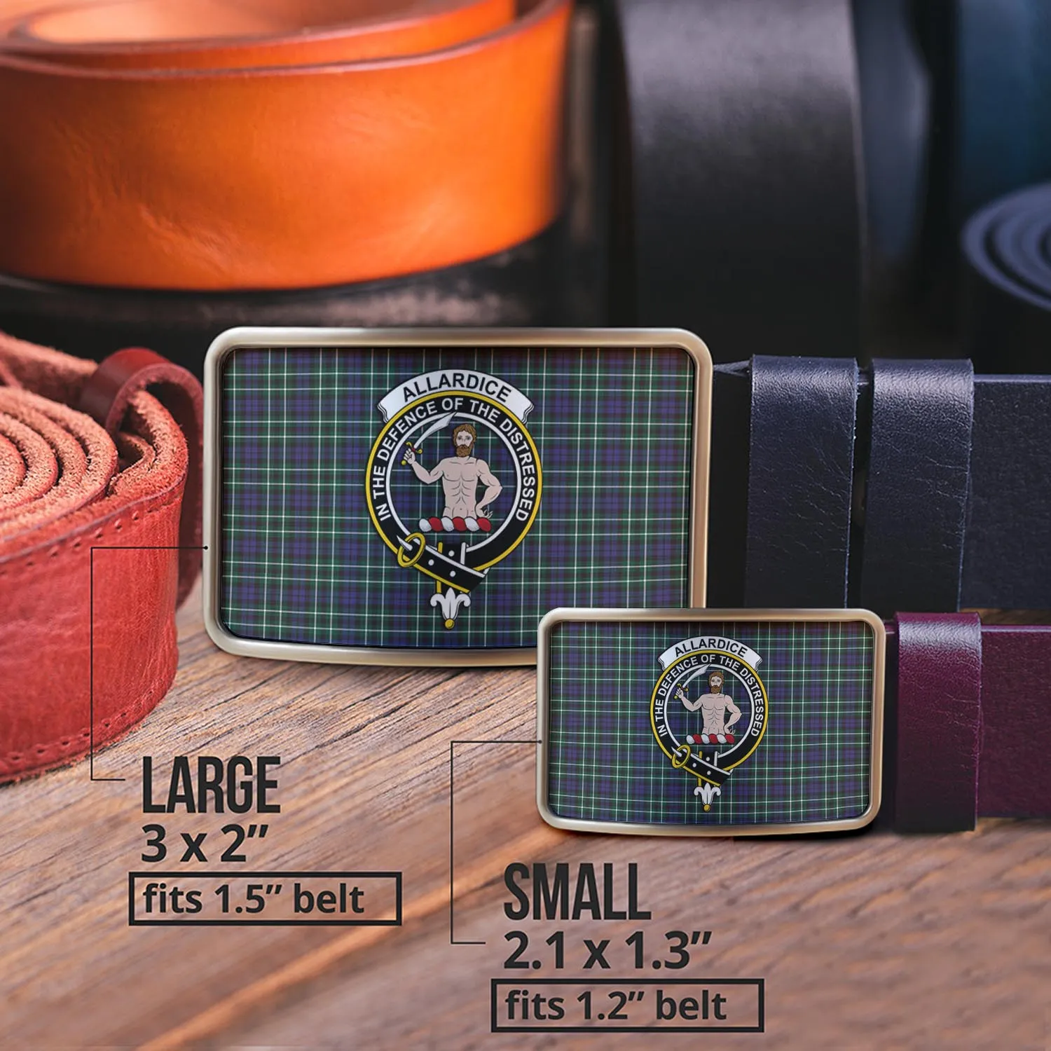 Allardice Tartan Belt Buckles with Family Crest