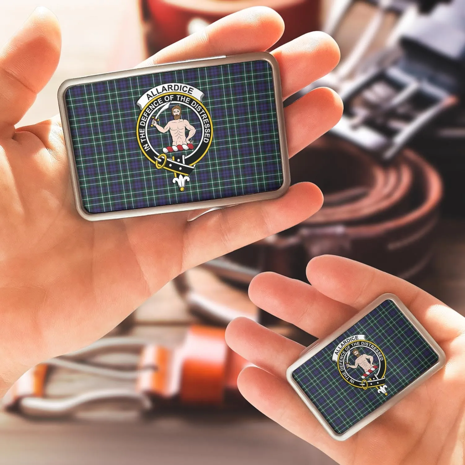 Allardice Tartan Belt Buckles with Family Crest