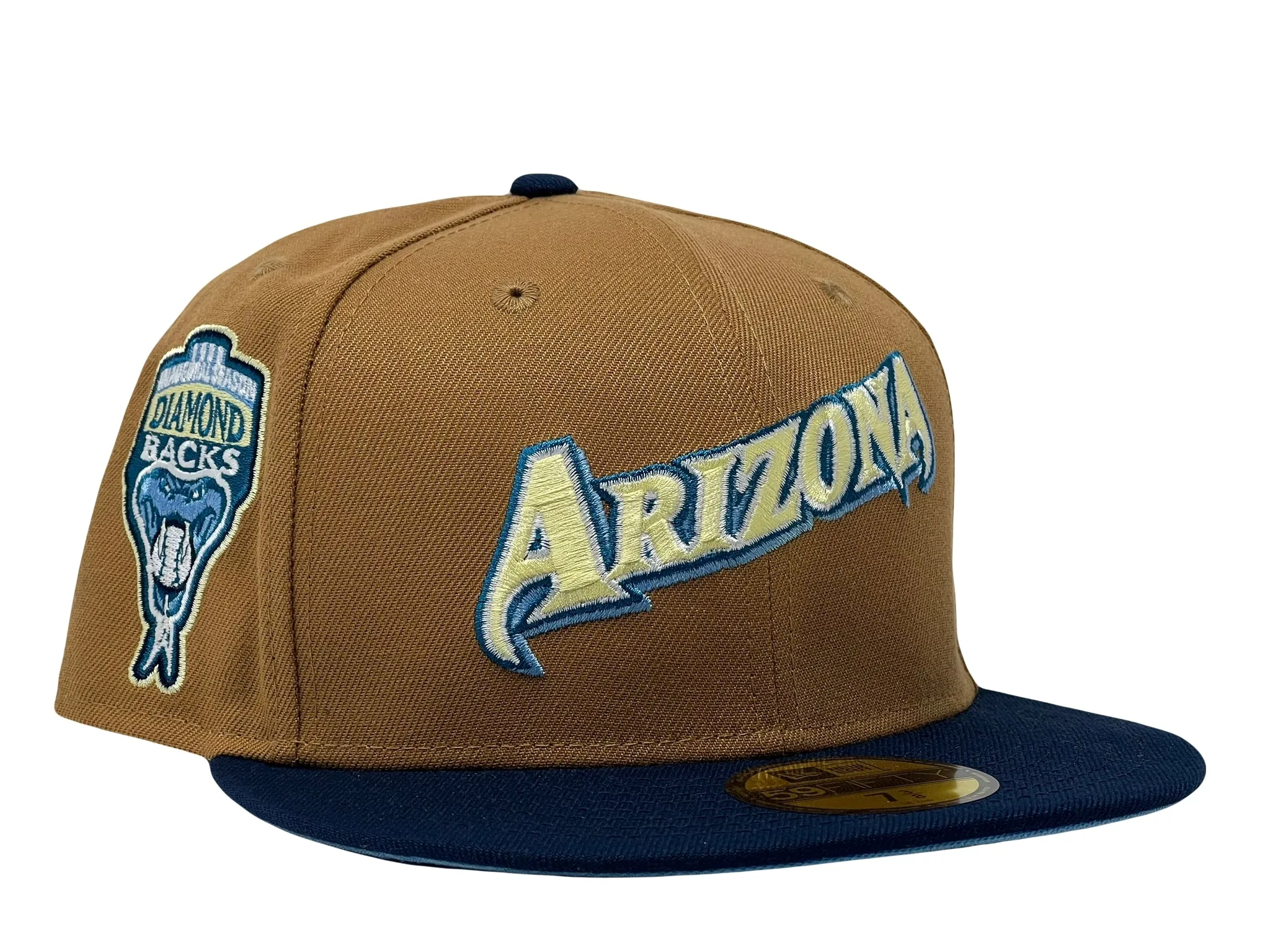 ARIZONA DIAMONDBACKS 1998 INAUGURAL SEASON LIGHT BRONZE NAVY VISOR ICY BRIM NEW ERA FITTED HAT