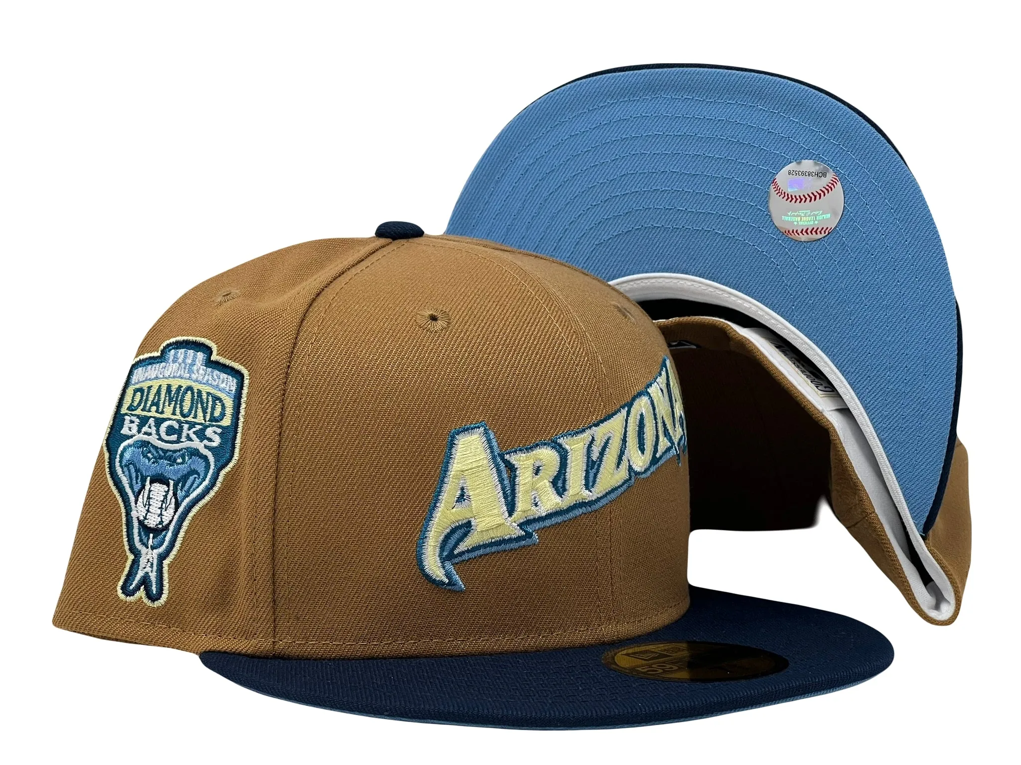 ARIZONA DIAMONDBACKS 1998 INAUGURAL SEASON LIGHT BRONZE NAVY VISOR ICY BRIM NEW ERA FITTED HAT