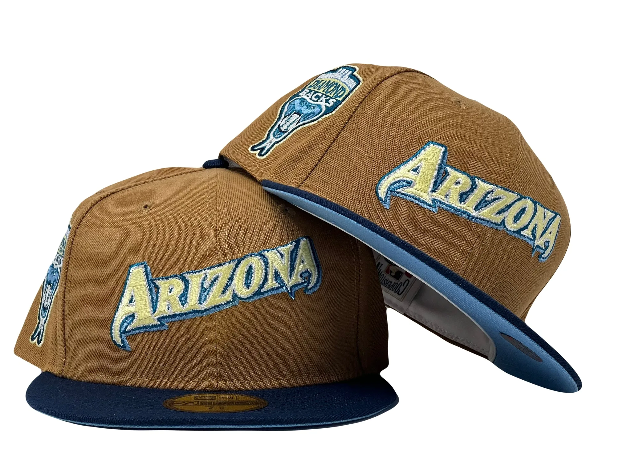 ARIZONA DIAMONDBACKS 1998 INAUGURAL SEASON LIGHT BRONZE NAVY VISOR ICY BRIM NEW ERA FITTED HAT