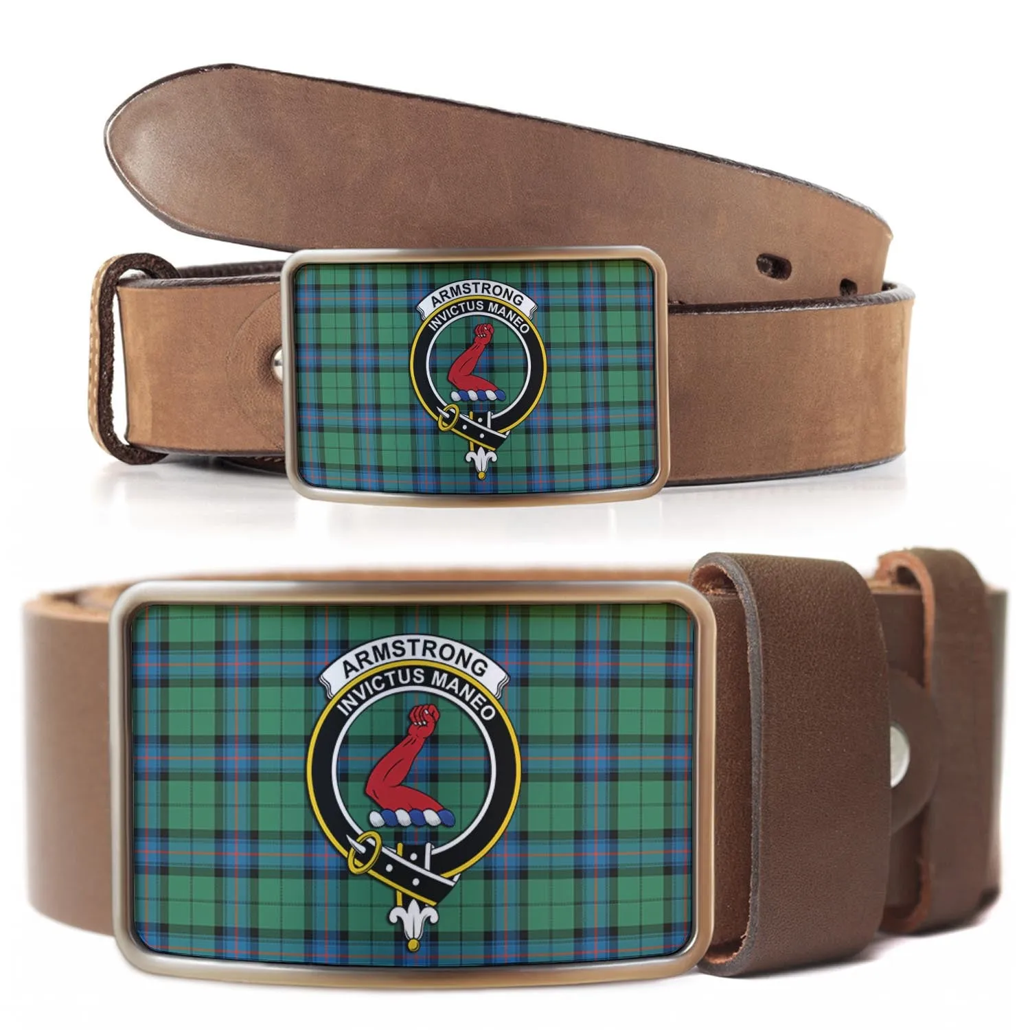 Armstrong Ancient Tartan Belt Buckles with Family Crest