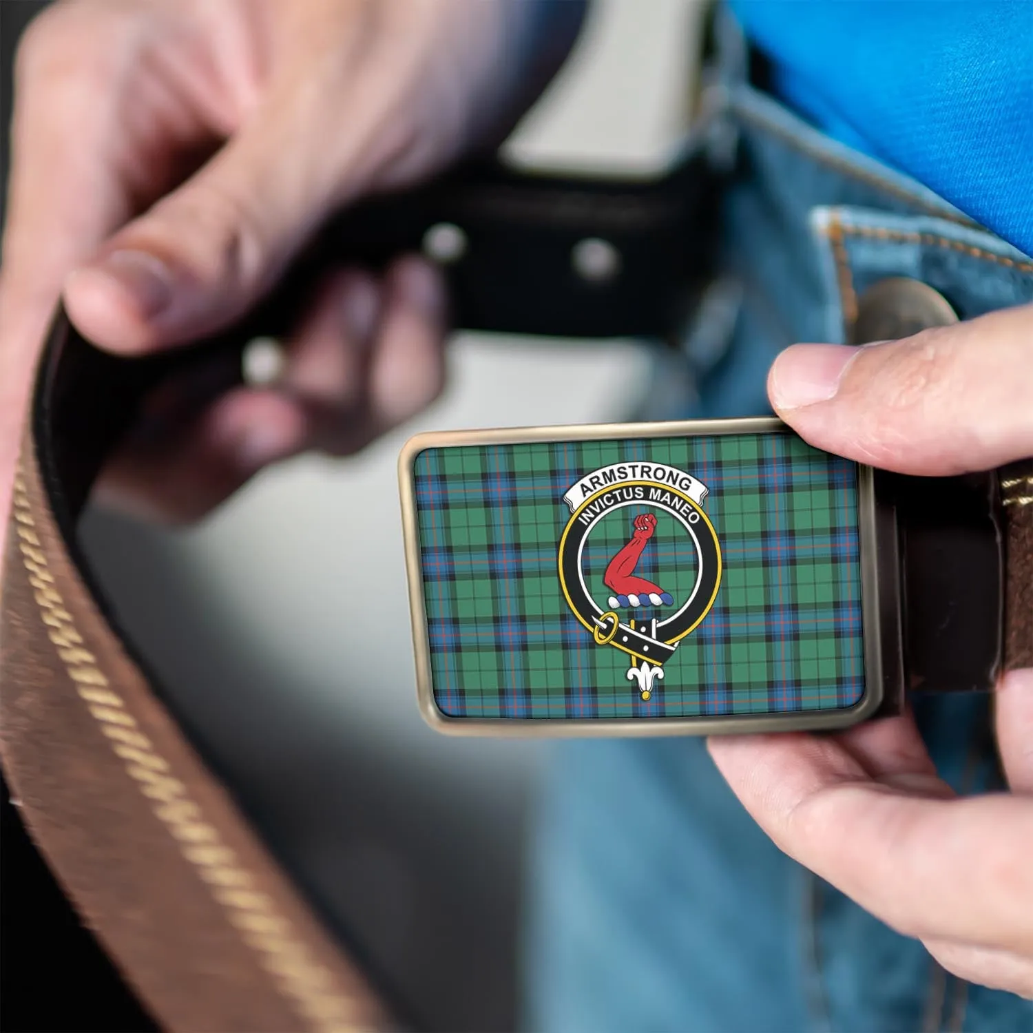 Armstrong Ancient Tartan Belt Buckles with Family Crest