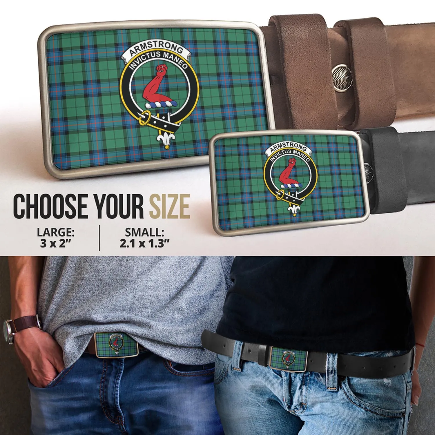 Armstrong Ancient Tartan Belt Buckles with Family Crest