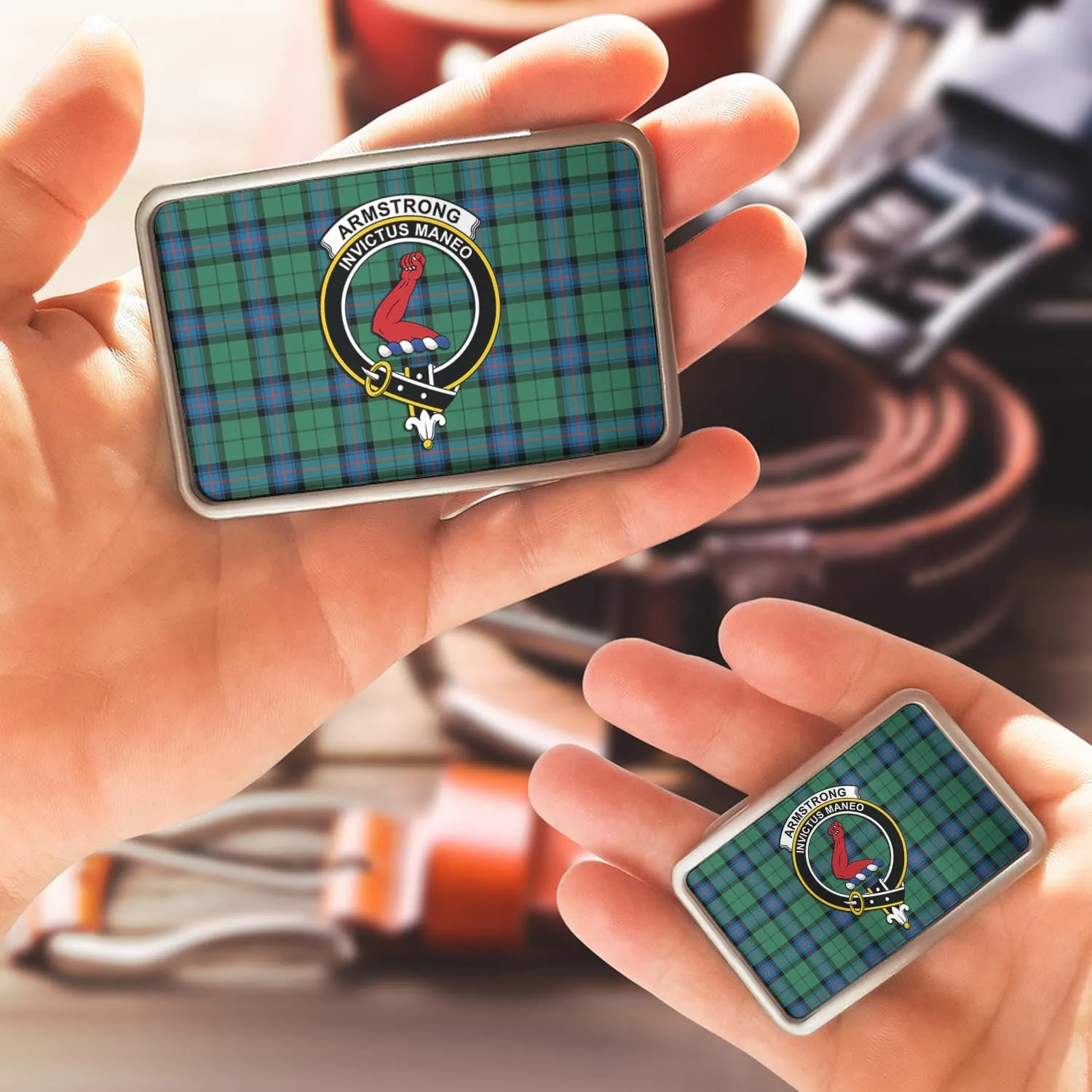 Armstrong Ancient Tartan Belt Buckles with Family Crest