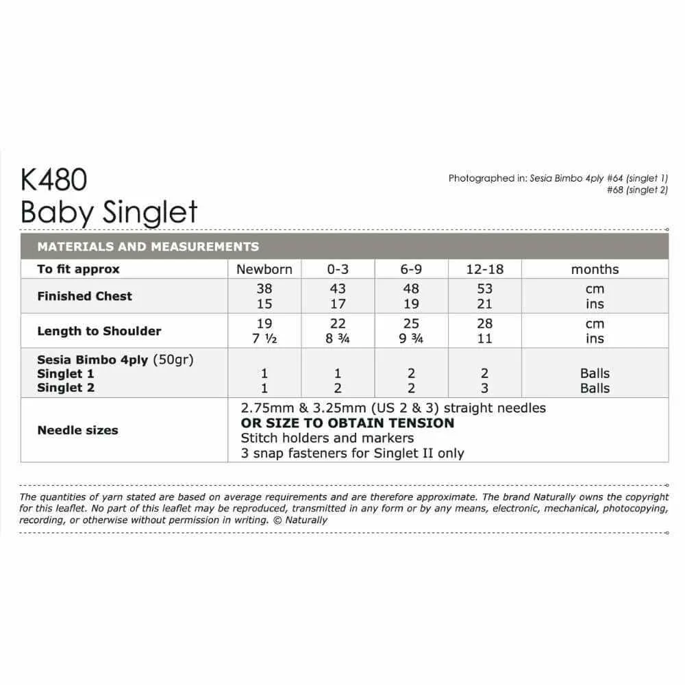 Baby Singlet Knitting Pattern (K480)