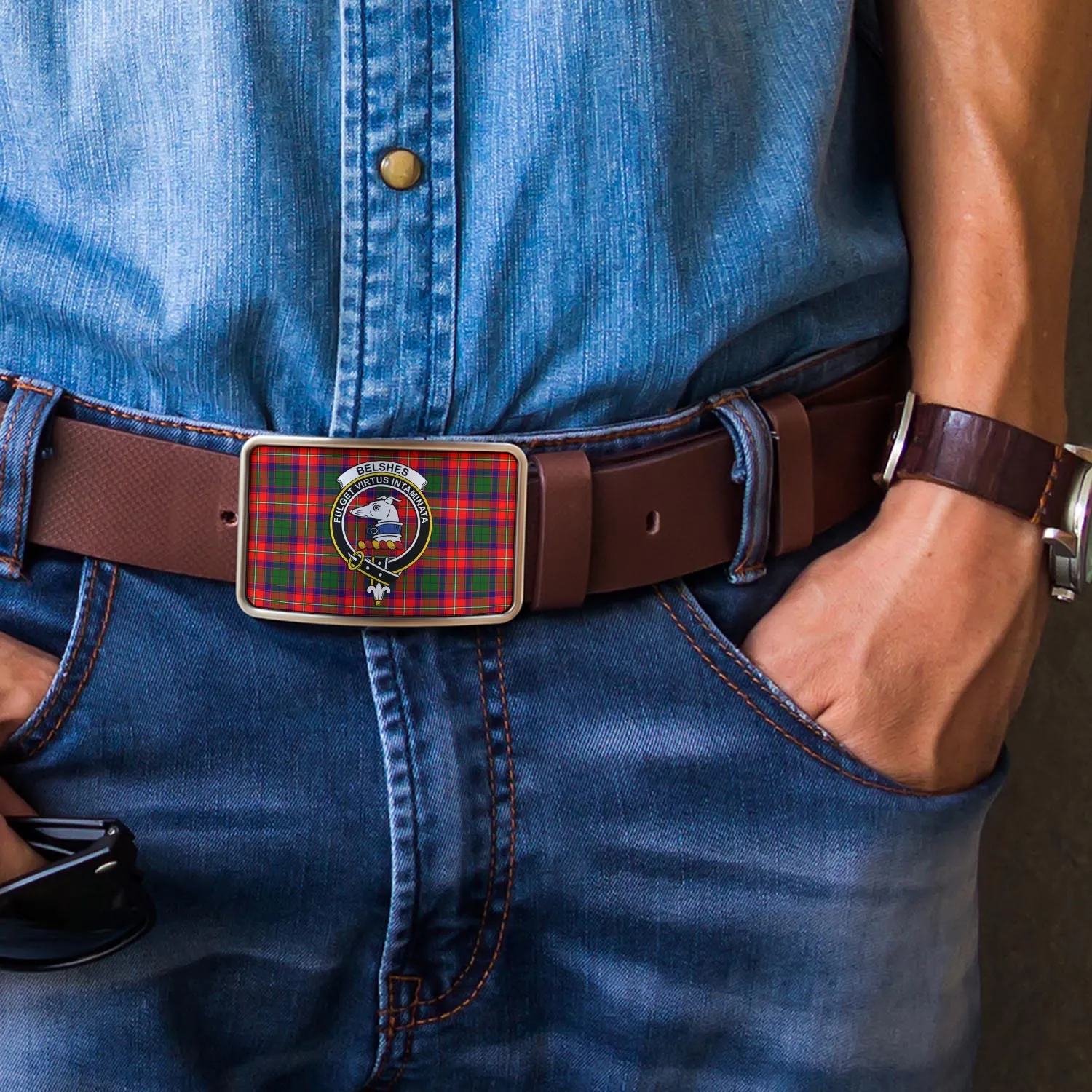 Belshes Tartan Belt Buckles with Family Crest