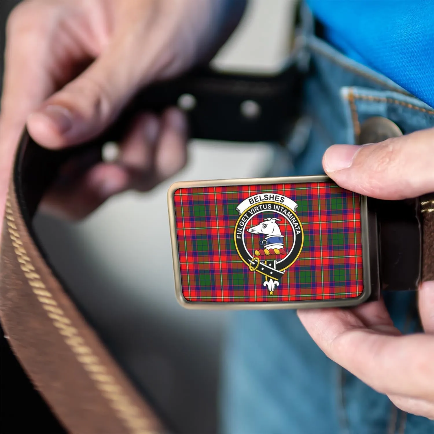 Belshes Tartan Belt Buckles with Family Crest