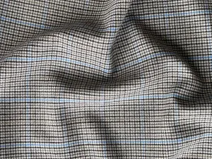 Black, White & Sky Blue Glen Plaid Stretch Wool Flannel (Made in Italy)