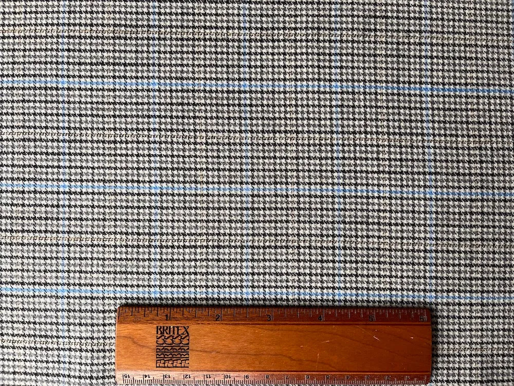 Black, White & Sky Blue Glen Plaid Stretch Wool Flannel (Made in Italy)