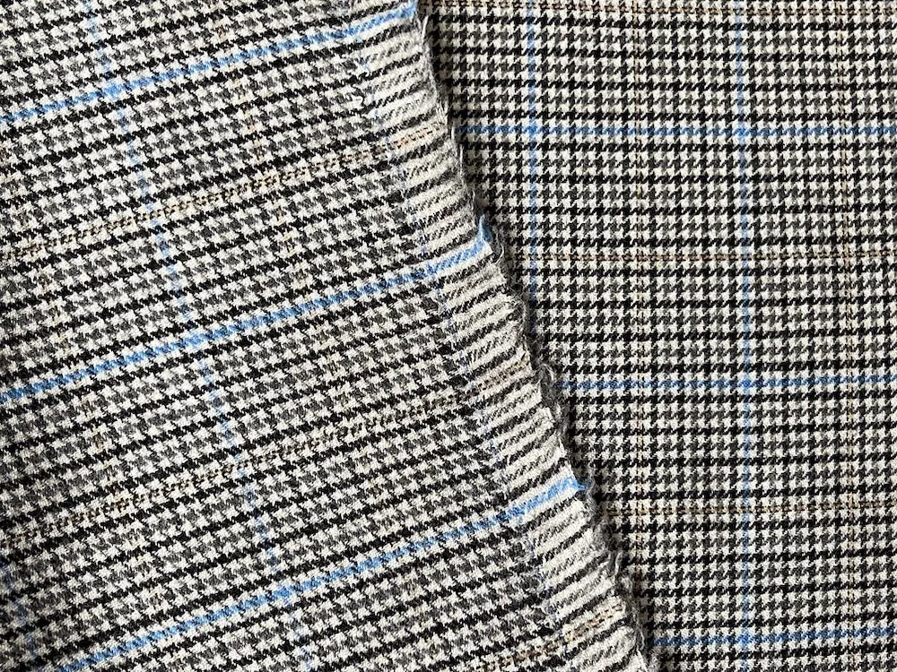 Black, White & Sky Blue Glen Plaid Stretch Wool Flannel (Made in Italy)