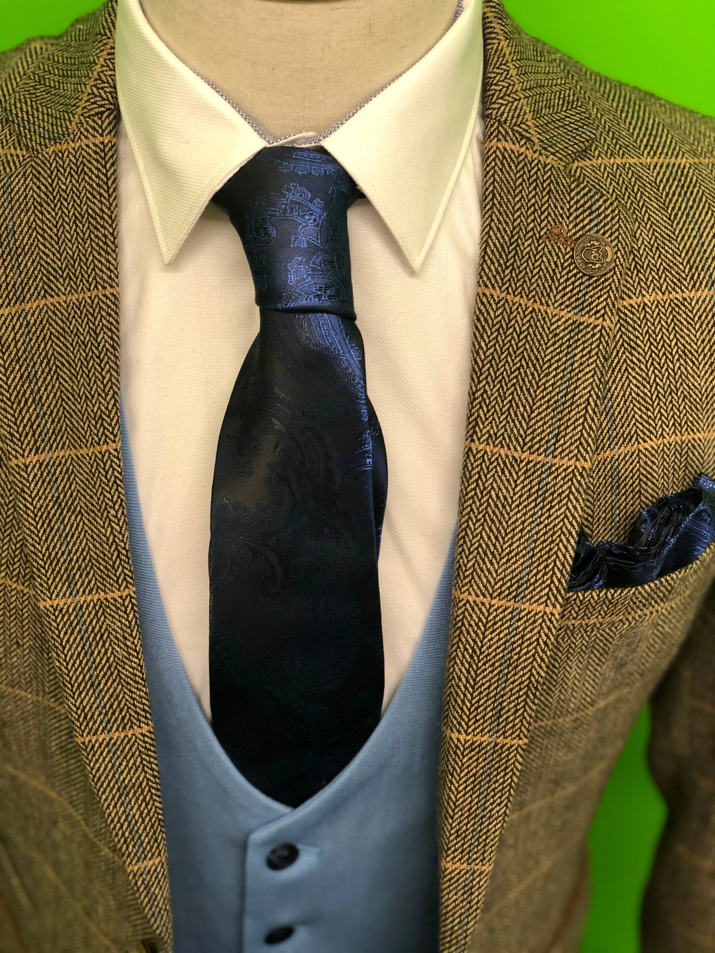 Brown Tweed Suits with Sky Blue Contrast Waistcoat and Navy Paisley Print Tie Set