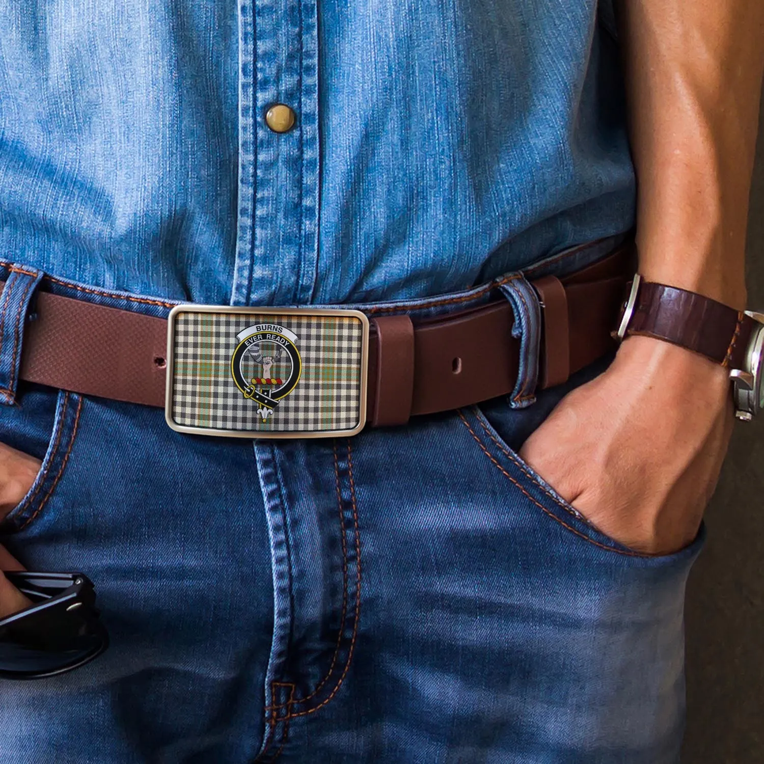 Burns Check Tartan Belt Buckles with Family Crest