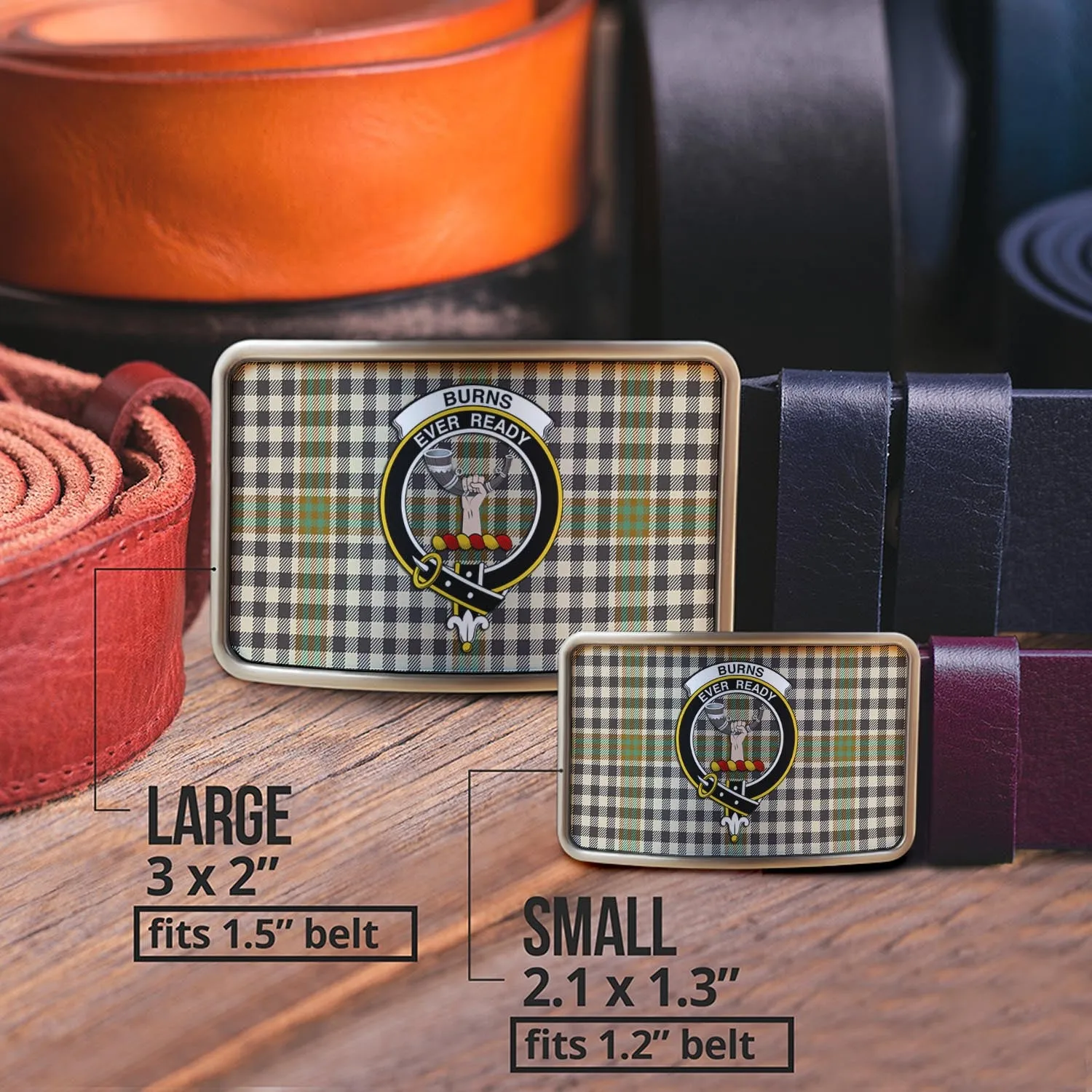 Burns Check Tartan Belt Buckles with Family Crest
