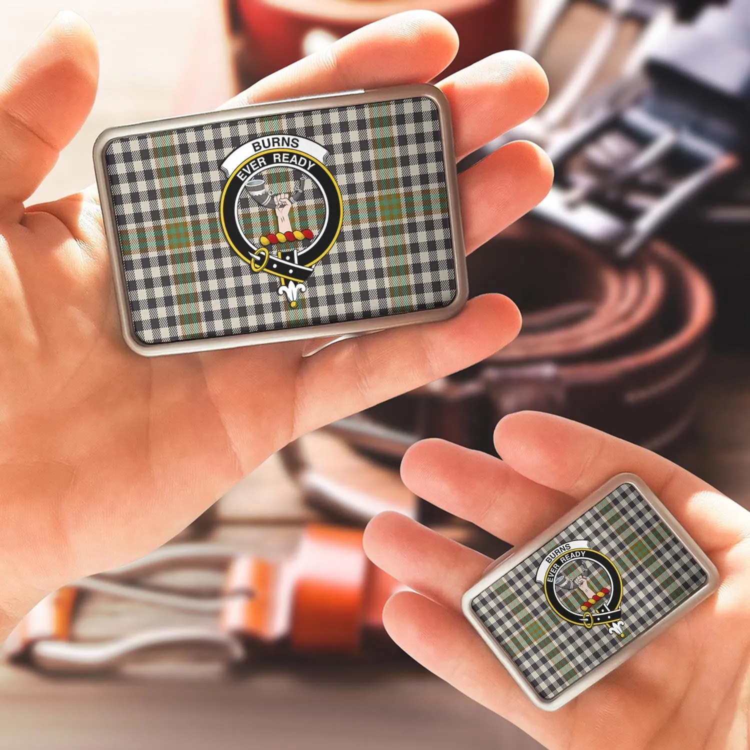 Burns Check Tartan Belt Buckles with Family Crest