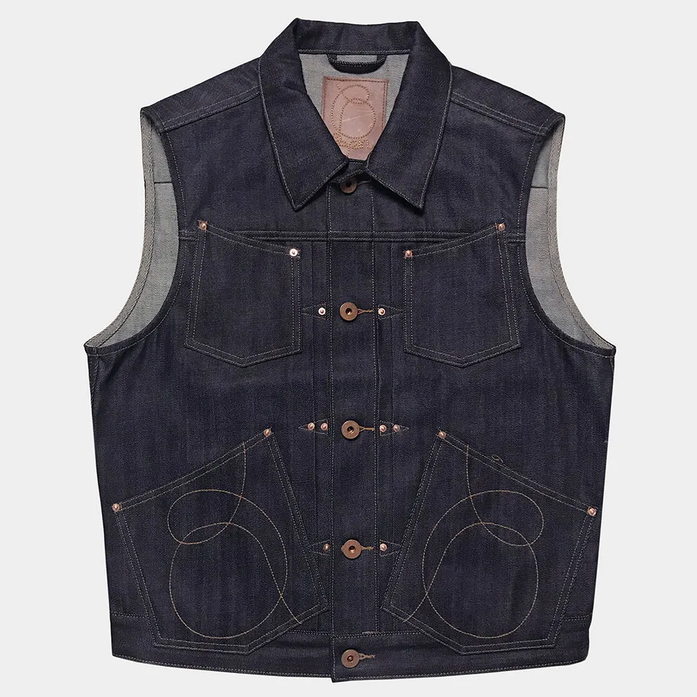 BZEN M.3127-THE CUT REGULAR FIT 4 POCKET BIKER'S VEST-13oz ORGANIC-RAW INDIGO