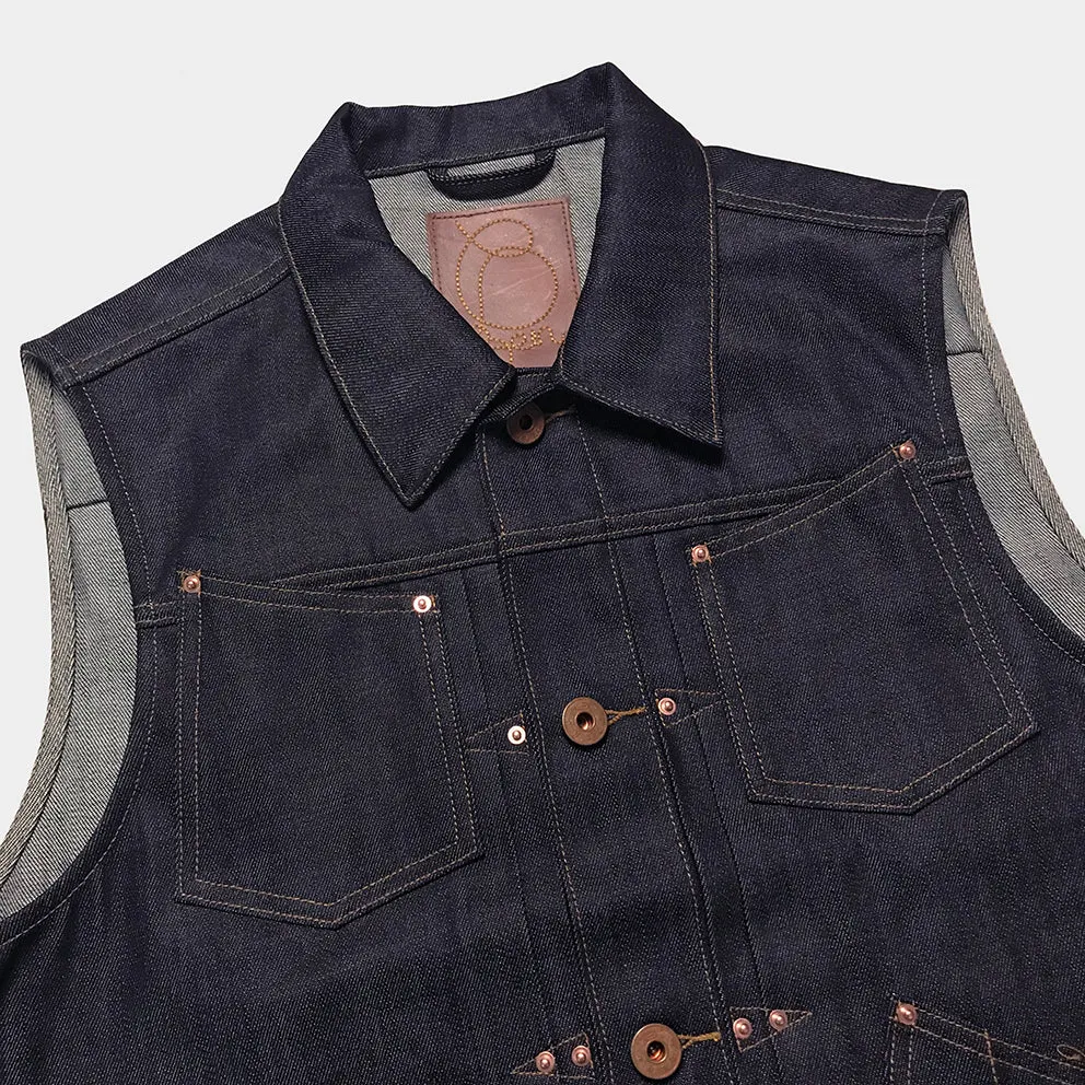BZEN M.3127-THE CUT REGULAR FIT 4 POCKET BIKER'S VEST-13oz ORGANIC-RAW INDIGO