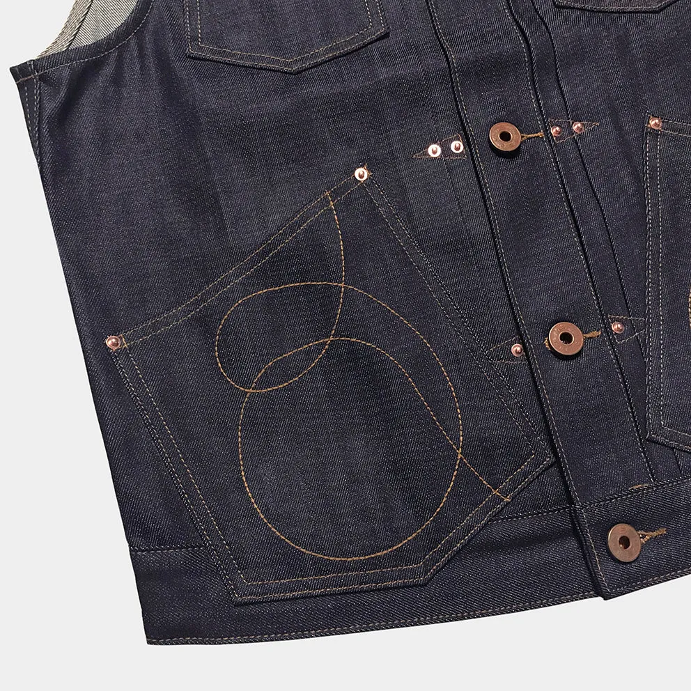 BZEN M.3127-THE CUT REGULAR FIT 4 POCKET BIKER'S VEST-13oz ORGANIC-RAW INDIGO