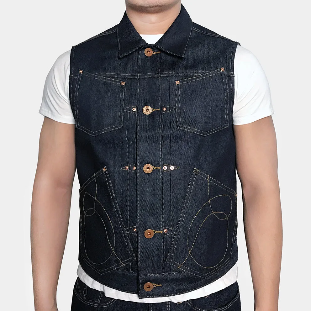 BZEN M.3127-THE CUT REGULAR FIT 4 POCKET BIKER'S VEST-13oz ORGANIC-RAW INDIGO
