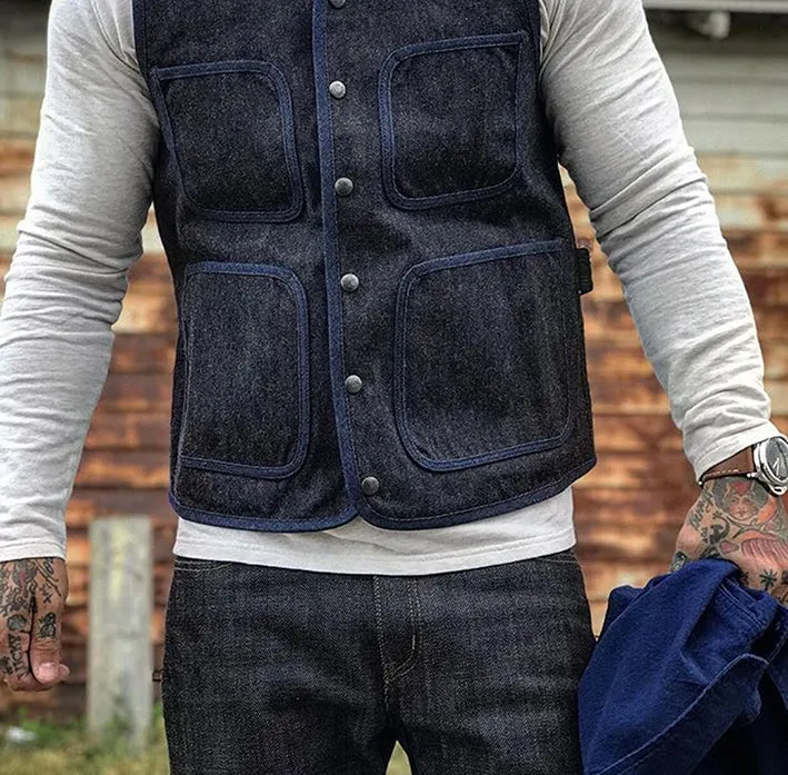 BZEN M.3202-SETH REGULAR FIT V-NECK VEST-17oz-SELVEDGE LOOMSTATE-RAW INDIGO