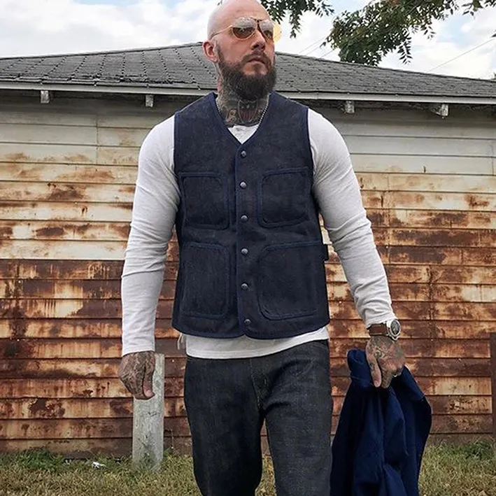 BZEN M.3202-SETH REGULAR FIT V-NECK VEST-17oz-SELVEDGE LOOMSTATE-RAW INDIGO