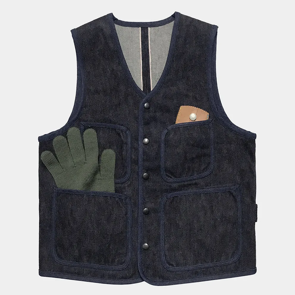 BZEN M.3202-SETH REGULAR FIT V-NECK VEST-17oz-SELVEDGE LOOMSTATE-RAW INDIGO