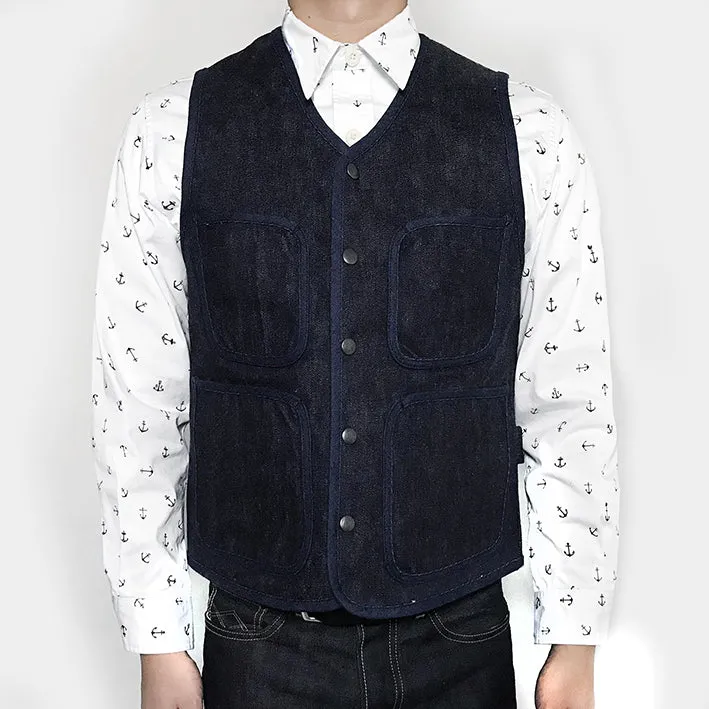 BZEN M.3202-SETH REGULAR FIT V-NECK VEST-17oz-SELVEDGE LOOMSTATE-RAW INDIGO