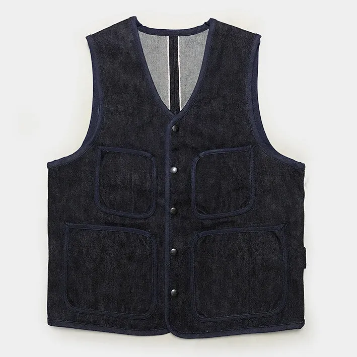 BZEN M.3202-SETH REGULAR FIT V-NECK VEST-17oz-SELVEDGE LOOMSTATE-RAW INDIGO