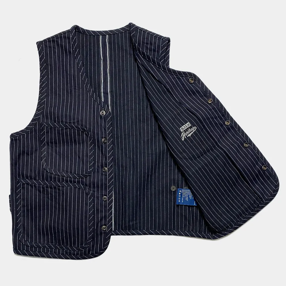 BZEN M.3202 SETH-STR REGULAR FIT V-NECK INDIGO STRIPE SELVEDGE VEST-13.8OZ-HRH INDIGO STRIPE