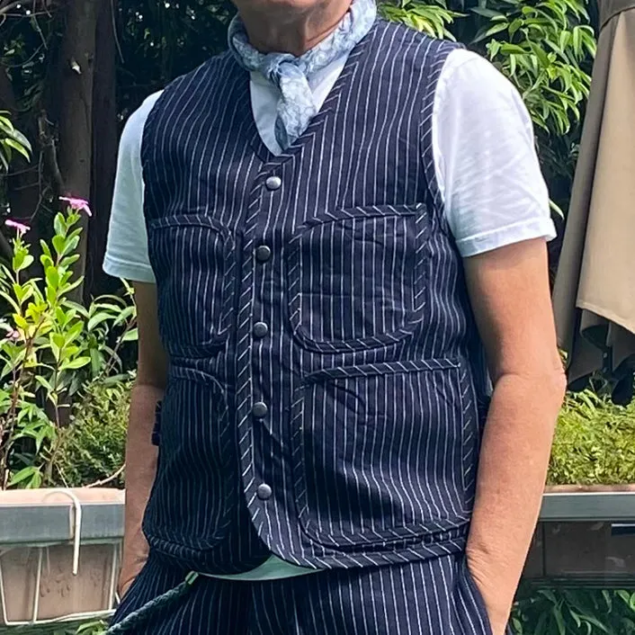BZEN M.3202 SETH-STR REGULAR FIT V-NECK INDIGO STRIPE SELVEDGE VEST-13.8OZ-HRH INDIGO STRIPE