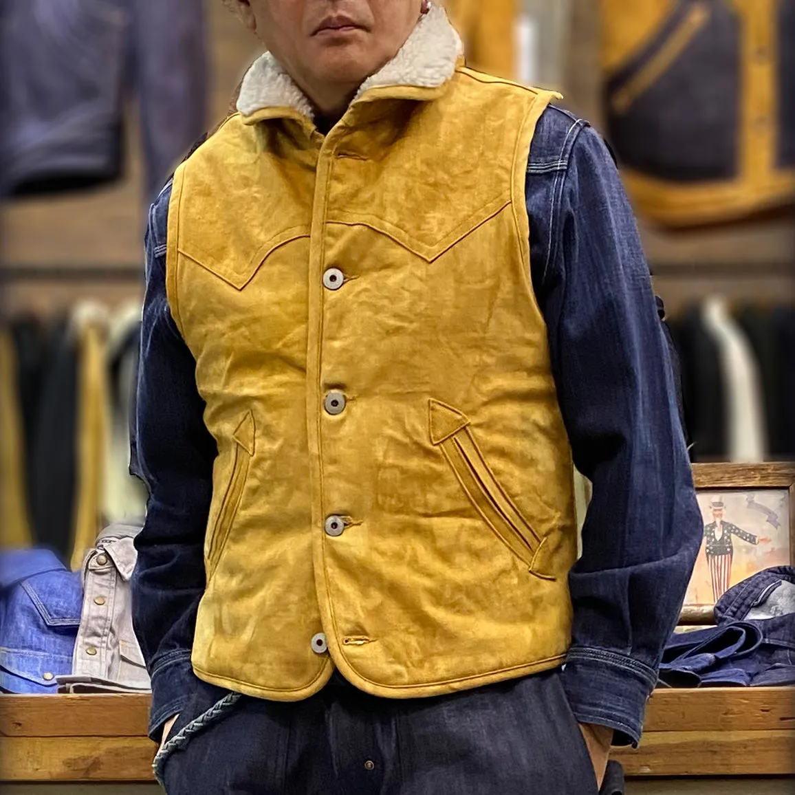 BZEN M.3203RR IDAHO-SC REGULAR FIT VEGGIE DYED CANVAS 2 POCKET SHERPA LINED VEST-12.5OZ-E0 SIENNA
