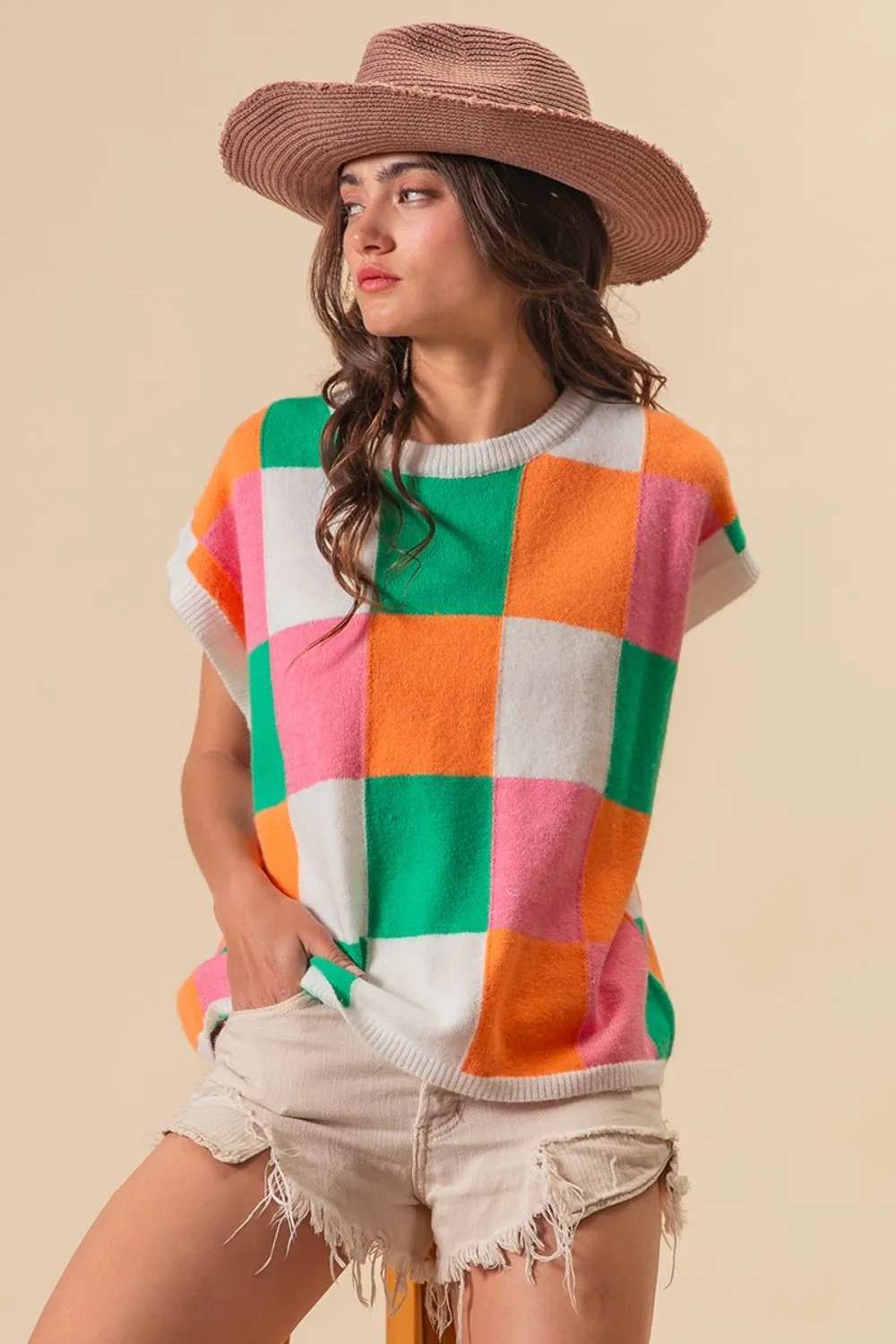 Color Block Checkered Sweater Vest