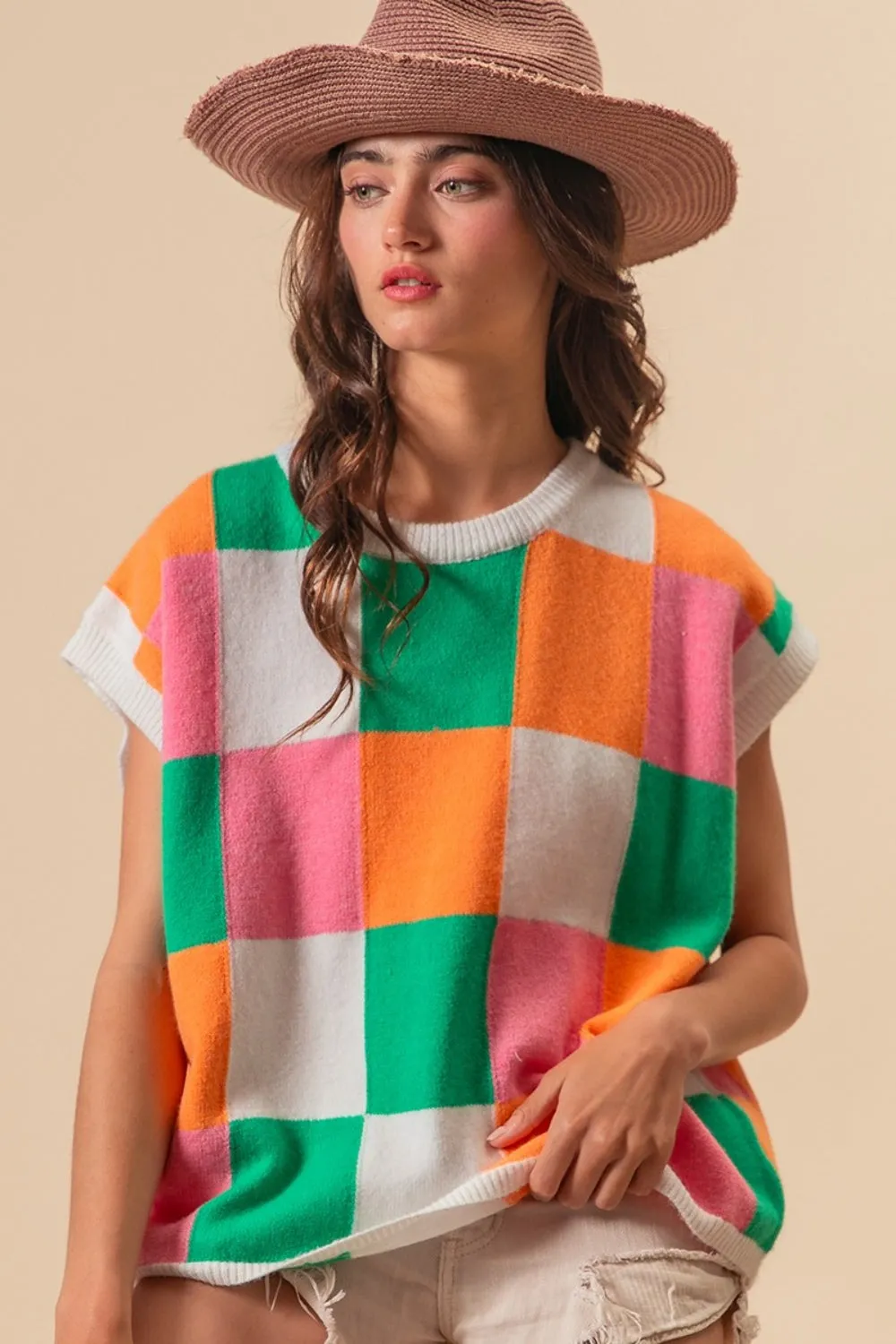 Color Block Checkered Sweater Vest