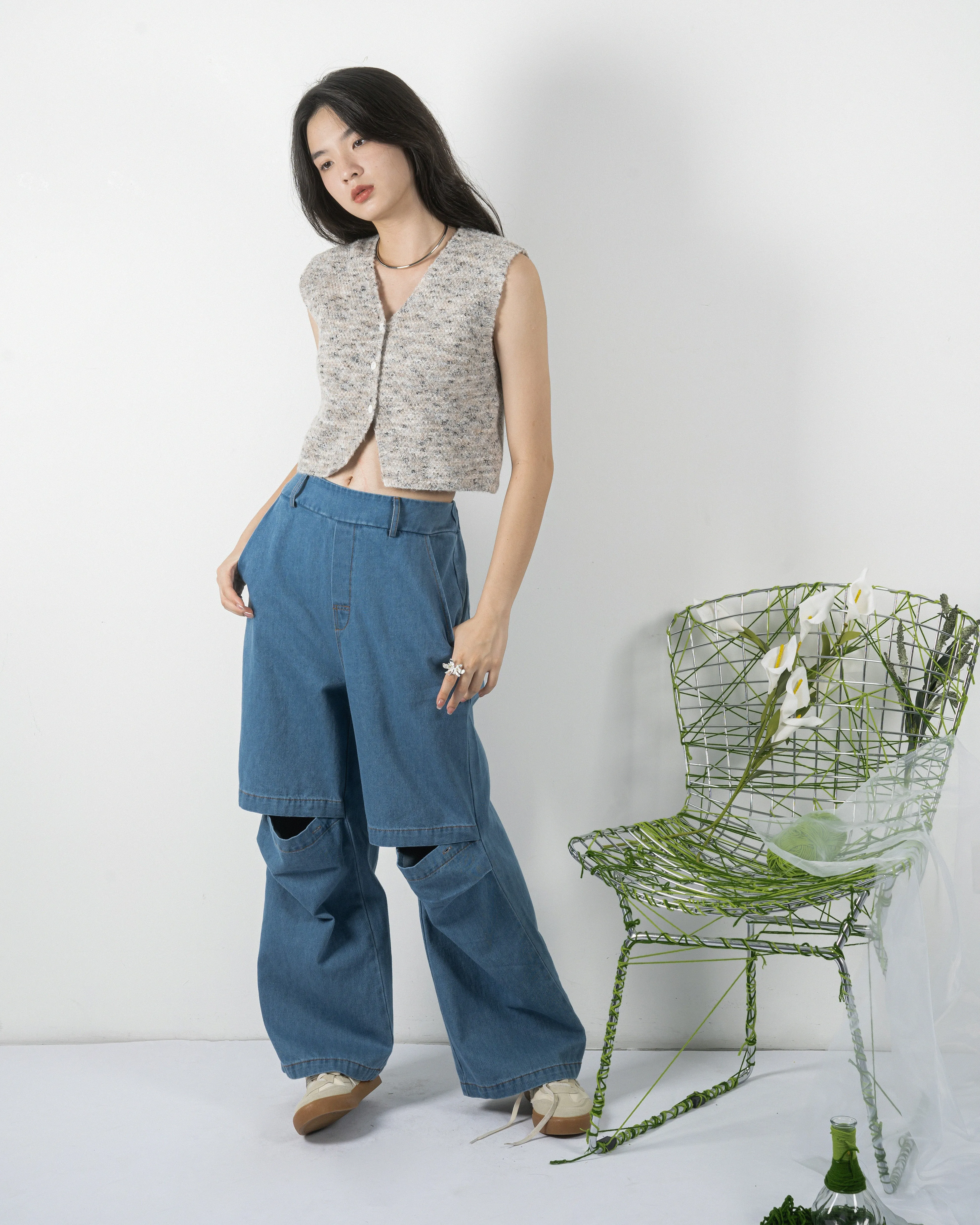 Denim Open Knee Pants (Denim)