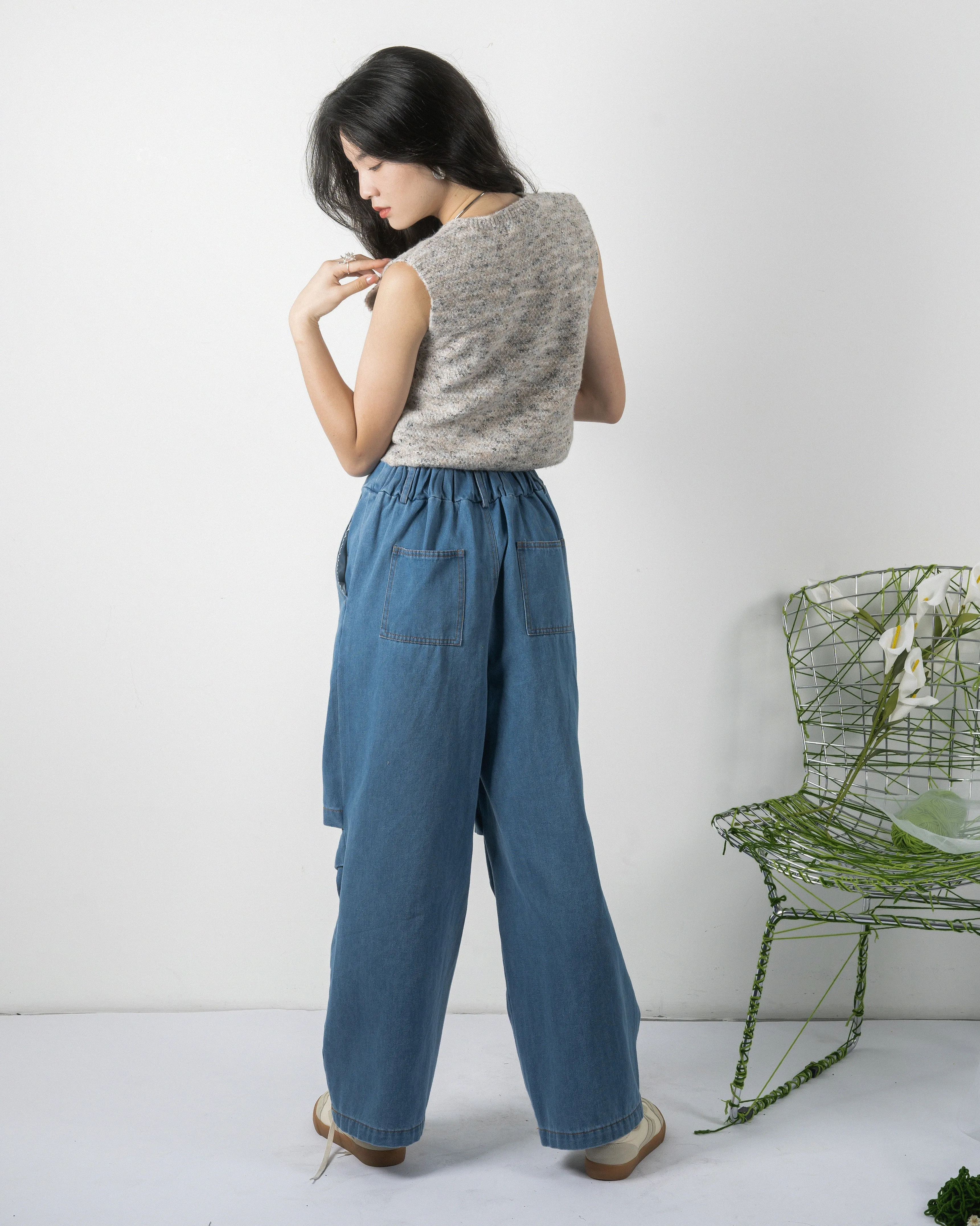 Denim Open Knee Pants (Denim)