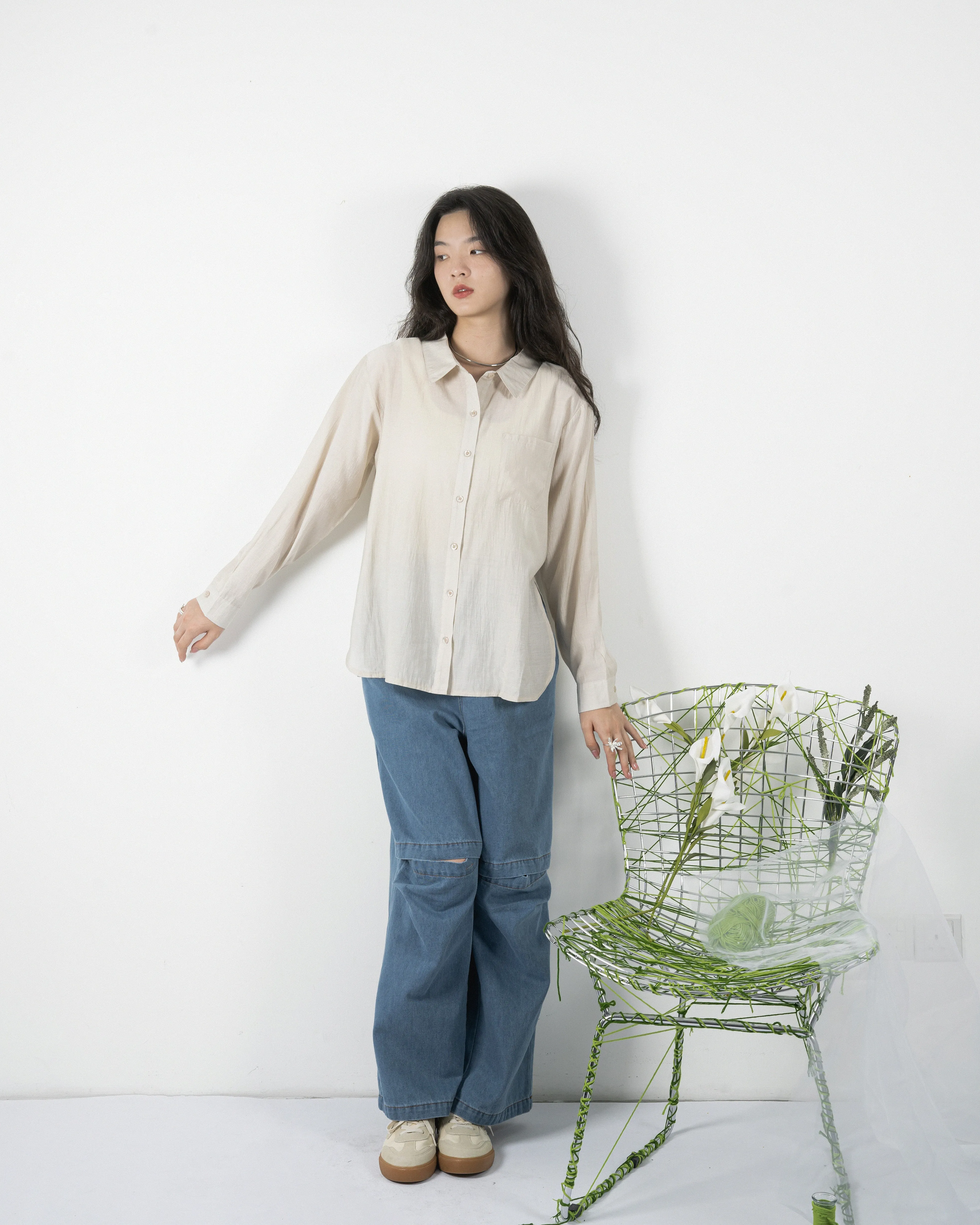 Denim Open Knee Pants (Denim)