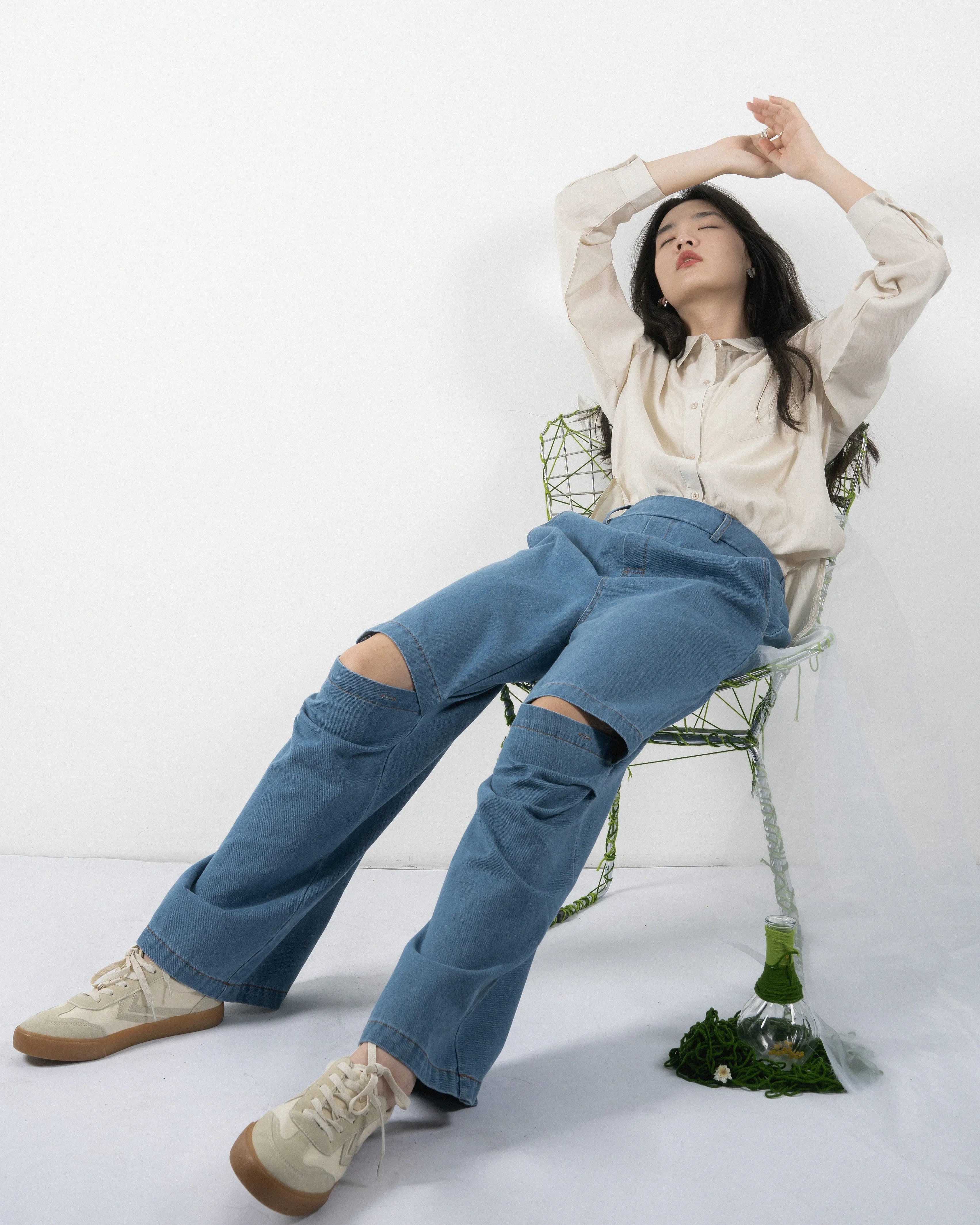 Denim Open Knee Pants (Denim)