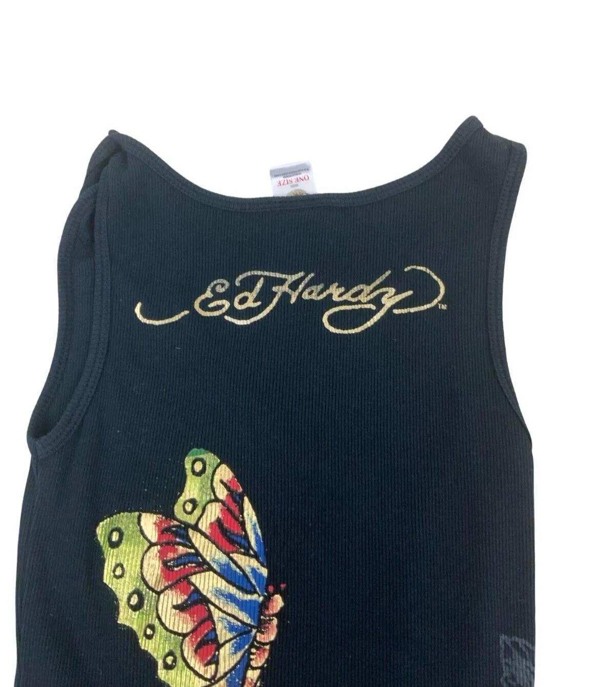 ED HARDY Y2K BLACK GRAPHIC ALL OVER PRINT GEMSTONE VEST TOP SIZE XS