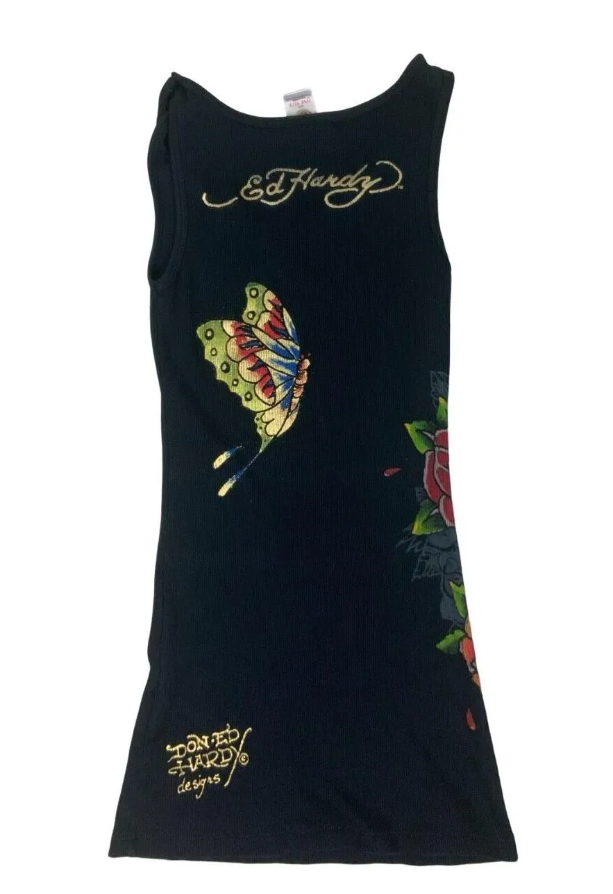 ED HARDY Y2K BLACK GRAPHIC ALL OVER PRINT GEMSTONE VEST TOP SIZE XS