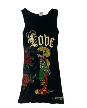 ED HARDY Y2K BLACK GRAPHIC ALL OVER PRINT GEMSTONE VEST TOP SIZE XS