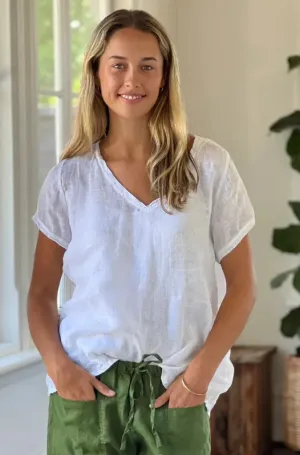 Frockk Ellie V neck Top in White Linen Gauze