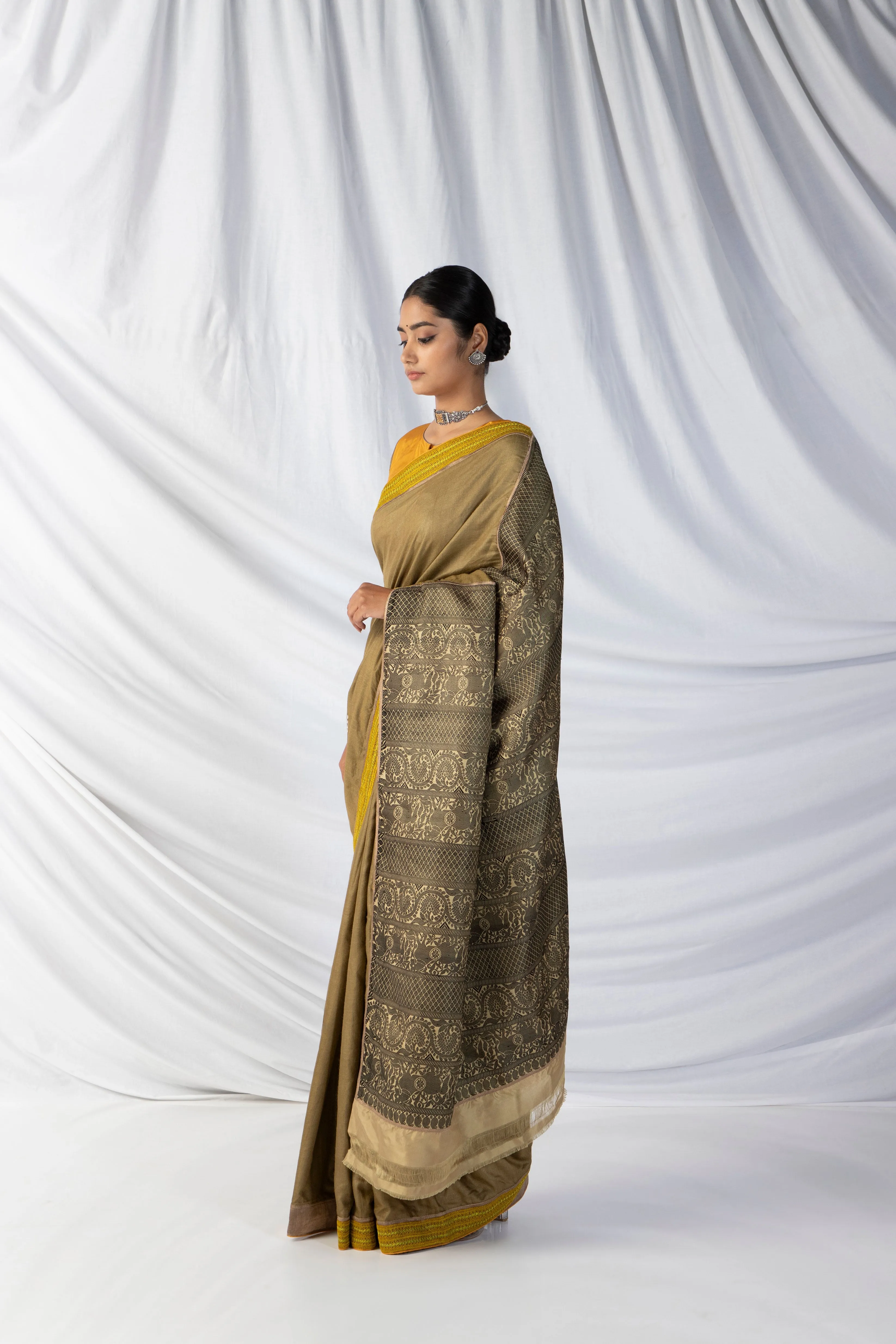 Gandberunda Saree And Blouse Setin Tortilla Brown And Black