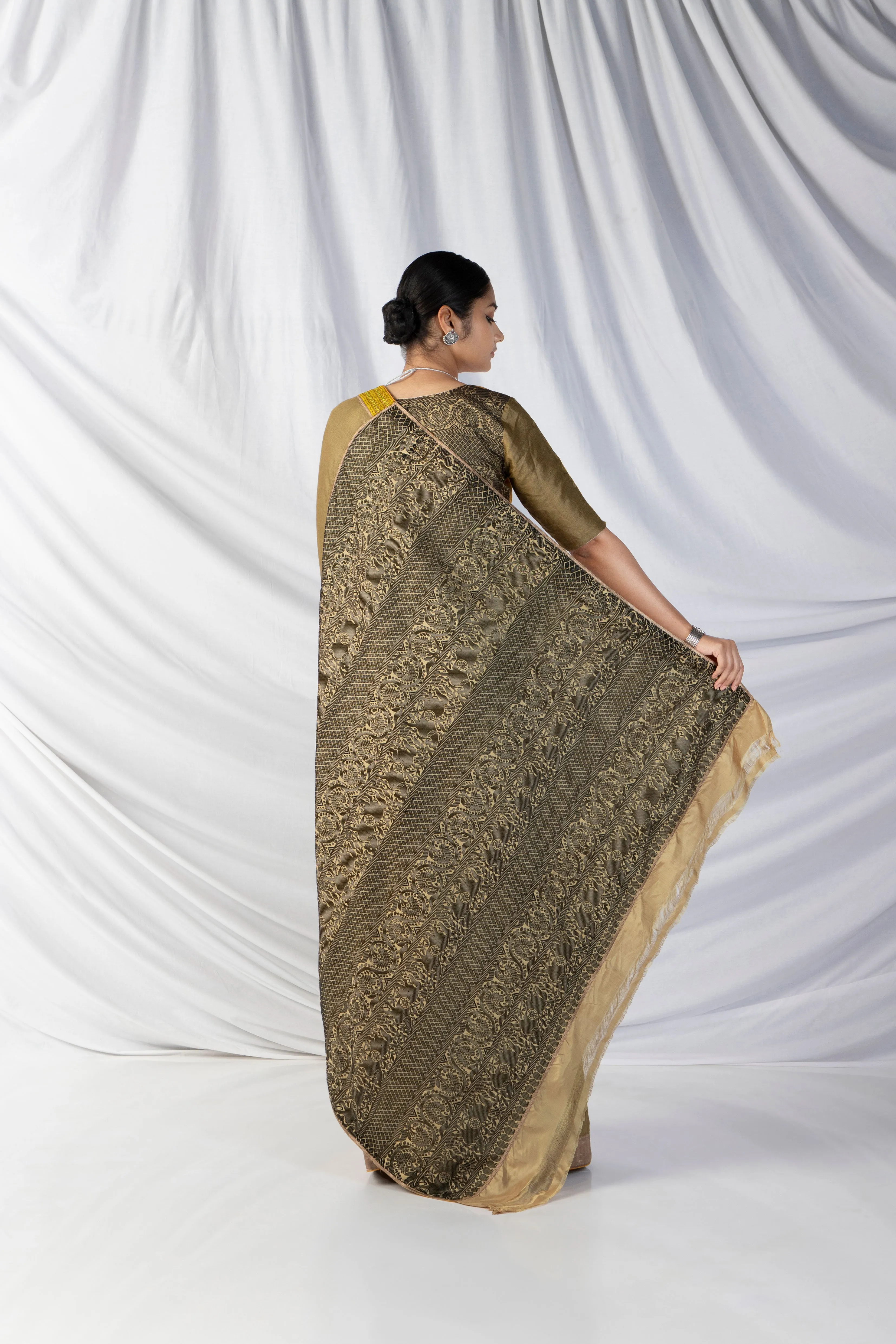 Gandberunda Saree And Blouse Setin Tortilla Brown And Black